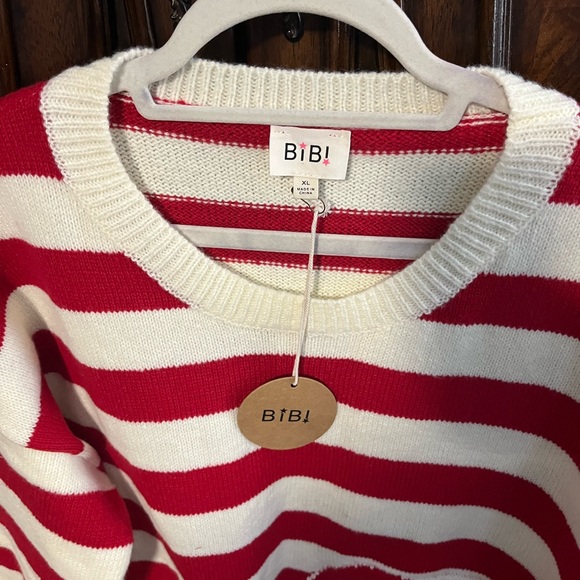 BiBi Red and White Heart Striped Sweater size XL - Picture 2 of 3